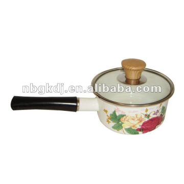 enamel saucepan with bakelite handle and glass lid